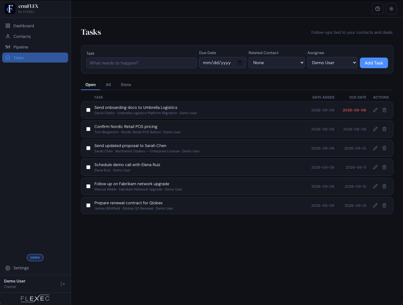 crmFLEX Tasks screen